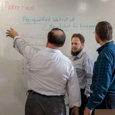 Rosewood Marketing Guides planning at a whiteboard wall